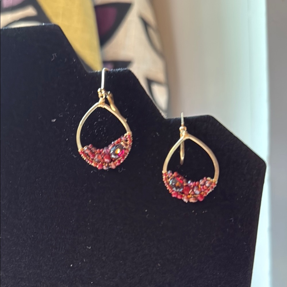 Elegant Gold and Red Beaded Earrings w/ Ruby Gemstone